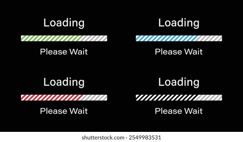 Bar loading with tilted lines please wait symbol icon set in four different colors- Green, Blue, Red and Black. Loading 70 percent please wait progress bar infographics for dark mode interface.