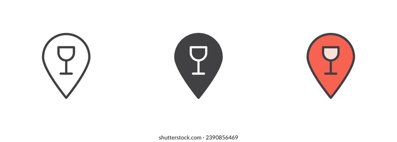 Ubicación de la barra diferente conjunto de iconos de estilo. Línea, glifo y contorno relleno versión colorida, contorno y signo vectorial relleno. Mapa con símbolo de vidrio de vino, ilustración de logotipo. Gráficos vectoriales