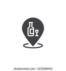 Bar location pin vector icon. filled flat sign for mobile concept and web design. Map marker with wine bottle and glass glyph icon. Symbol, logo illustration. Vector graphics