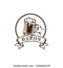 
bar logo design with hand element holding a glass of classic beer. logo for bar company.