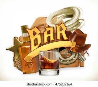 Bar logo. Western retro style. 3d vector emblem