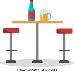 Bar long round chairs and a circle table in profile. A mug of foamy beer and a bottle on a wooden countertop. Red stool isolated on a white background. Flat vector illustration.