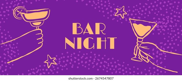 Bar, lounge website template. Hand drawn header illustration showing hand holding party cocktails 