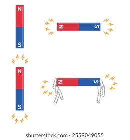 Bar magnet vector illustration on white background. Magnets attract paper clips. Science class supplies.