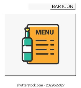 Bar menu color icon. Brochure, flyer, list. Alcohol, restaurant, night club, bar menu. Cocktail party and drinking establishment concept. Isolated vector illustration