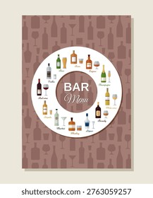 Bar menu cover design with bottles and glasses pattern background. Barroom alcoholic drinks menu. Cocktail template, alcohol beverages. Vector illustration.
