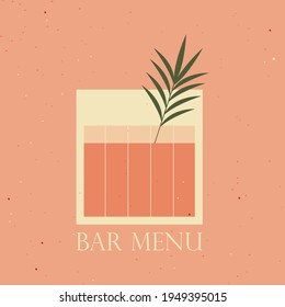 Bar menu cover. Stylish vector illustration with cocktail in old fashioned glass. Cocktail menu on pink background with grain.