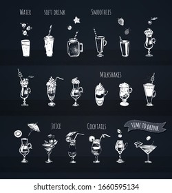 Bar menu design. Alcohol coctails, soft drinks, water and smoothie icons. Vintage hand drawn sketch of alcoholic drinks. Chalk drawing style vector illustrations of party beverages on black chalkboard