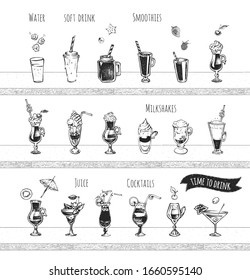 Bar menu design. Alcohol coctails, soft drinks, water and smoothie icons. Vintage hand drawn sketch of alcoholic drinks. Doodle style vector illustrations of party beverages on white background