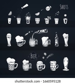 Bar menu design. Alcoholic drinks, shots with vodka and tequilla, beer mug and bottle vector icons. Vintage hand drawn sketch of beverages. Chalk drawing vector illustrations on black chalkboard