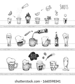 Bar menu design. Alcoholic drinks, shots with vodka and tequilla, beer mug and bottle vector icons. Vintage hand drawn sketch of beverages. Doodle vector illustrations on white background