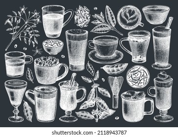 Bar menu design elements. Vector collection hot drinks on chalkboard. Hand-sketched tea, mulled wine, coffee, hot chocolate and ingredients illustrations. Popular beverages for brands, menu, packaging