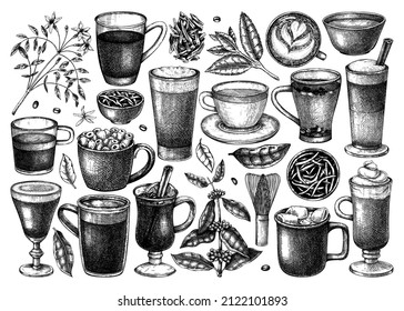 Bar menu design elements. Vector collection of hot drinks set. Hand-sketched tea, mulled wine, coffee, hot chocolate, ingredients illustrations. Popular beverages for brands, menu, packaging, bars