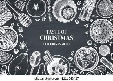 Bar menu design. Hand drawn tea, mulled wine, coffee, hot chocolate ingredients. Winter food and beverage illustration. Christmas card template. Vintage hot drinks on chalkboard.