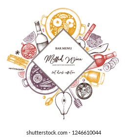 Bar menu design. Hand drawn Mulled wine illustrations. Vector rhomb wreath with hot drinks sketches. Christmas food and beverage frame. Greeting card, invitation or flyer template.