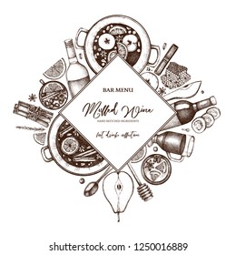 Bar menu design. Hand drawn Mulled wine illustrations. Vector rhomb wreath with hot drinks sketches. Christmas food and beverage frame. Greeting card, invitation or flyer template.