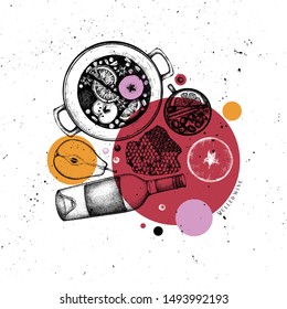 Bar menu design. Hand drawn Mulled wine illustrations. Vector card template with hot drinks sketches. Traditional Christmas food and beverage. Perfect for Greeting card, invitation or flyer.
