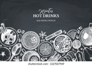 Bar menu design with hot drinks. Hand drawn tea, mulled wine, coffee, hot chocolate ingredients. Winter beverage illustration. Taste of Christmas. Vintage template on chalkboard