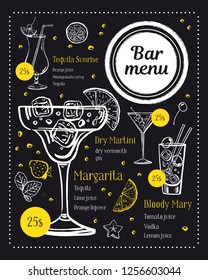 Bar menu design template. Classical cocktails illustrations with ingredients and prices. Vector outline sketch hand drawn illustration on blackboard background