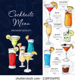 Bar menu design. Template for cocktail drinks. Brochure with hand drawn elements. Vector illustration.
