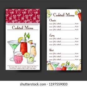 Bar menu design. Template for cocktail drinks. Brochure with hand drawn elements. Vector illustration.
