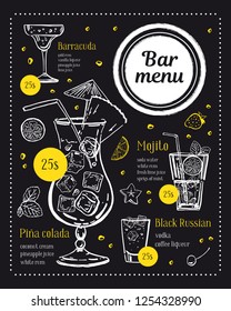 Bar menu design template. Different cocktails illustrations with ingredients and prices. Vector outline sketch hand drawn illustration on blackboard background