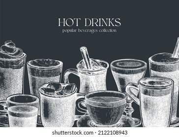 Bar menu design template. Vector banner with hot drinks illustrations. Hand-sketched tea, mulled wine, coffee, hot chocolate drawings. Popular beverages in mugs, cups, glasses on chalkboard.