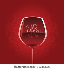 Bar menu design template with wine glass on red floral damask background