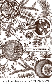 Bar menu design. Vector card with hot drinks. Hand sketched conifers, leaves and berries. Winter beverage illustration.  Taste of Christmas - vintage template.