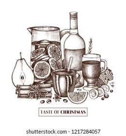 Bar menu design. Vector card or invitation template with hand drawn drinks - hot chocolate, mulled wine, lemonade. Winter food and beverage illustration. 