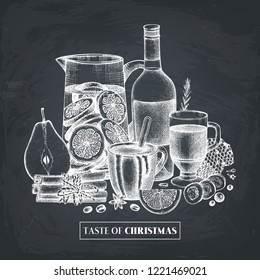 Bar menu design. Vector card or invitation template with hand drawn drinks - hot chocolate, mulled wine, lemonade. Winter food and beverage illustration on chalkboard
