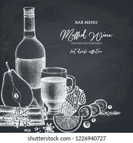 Bar menu design. Vector card or invitation template with hand drawn drinks - hot chocolate, mulled wine, lemonade. Winter food and beverage illustration on chalkboard