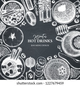 Bar menu design. Vector frame with hand drawn hot drinks. Christmas food and beverage illustration with dried fruits, herbs, spices. Greeting card, invitation or flyer template on chalkboard