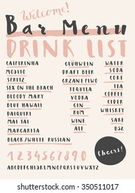 Bar Menu. Drink List. Alcoholic and non-alcoholic drinks, cocktails. Hand written brush script alphabet with numbers for prices. Hand lettering template for graphic design. Upper case. Vector