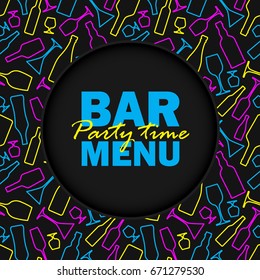 Bar menu flyer with seamless pattern with alcohol bottles and glasses.