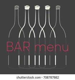 Bar menu graphic design element with white outlines of wine bottles and red text label in front, on dark background