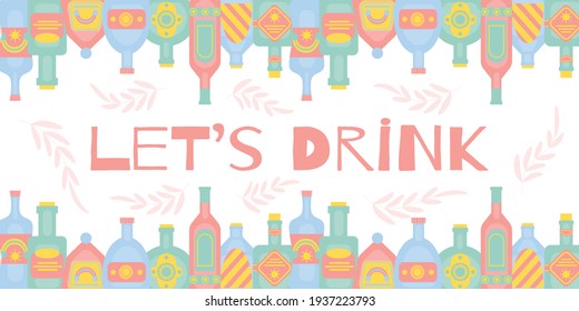 Menú del bar, Vamos a tomar el concepto con diferentes botellas de bebidas alcohólicas. Banner de fiesta, pub, restaurador o club. coctel de alcohol. Ilustración plana del vector