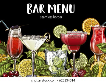 Bar menu, seamless cocktails border, vector hand-drawn illustration, color sketch