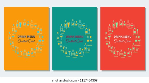 Bar menu template. Cocktail drinks card. Vector. Poster design. Alcohol beverages in line art style. Outline icons bottles, glasses. Linear illustration.