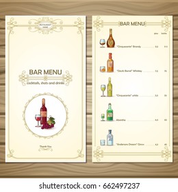 Bar menu template with different alcoholic beverages drinks and cocktails on wooden background vector illustration 
