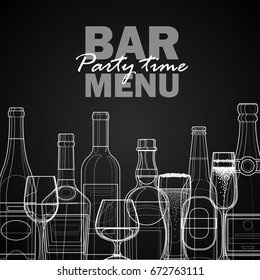 Bar menu template. Linear bottles of alcoholic drinks.