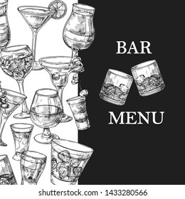 Bar menu vector template with hand drawn drinks and cocktails. Illustration of alcohol menu sketch, cocktail drink, tequila and beverage