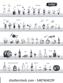 Bar menu. Vintage template with hand-drawn sketches of alcoholic drinks. Beverage icons in engraving style - beer, smoothies, cocktails, shots, champagne and whiskey.