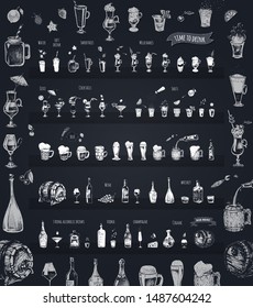 Bar menu. Vintage template with hand-drawn sketches of alcoholic drinks. Icons of drinks in the style of white chalk on a black board - beer, smoothie, cocktails, shots, champagne, vodka and whiskey.