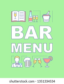 Bar menu word concepts banner. Alcohol drink map. Alcoholic beverages. Alco party. Presentation, website. Isolated lettering typography idea with linear icons. Vector outline illustration