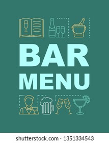 Bar menu word concepts banner. Alcoholic beverages. Alcohol drink map. Alco party. Presentation, website. Isolated lettering typography idea with linear icons. Vector outline illustration