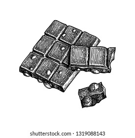 Bar of milk chocolate with hazelnuts. Ink sketch isolated on white background. Hand drawn vector illustration. Retro style. 