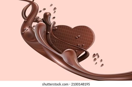 A bar of milk chocolate. Vector illustration of a chocolate bar in streams of molten chocolate with splashes. Clipart for creativity.