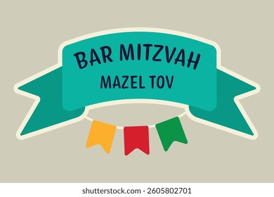 Bar Mitzvah banner or greeting card. Ribbon with text and festive colorful flags. Vector illustration for your holiday