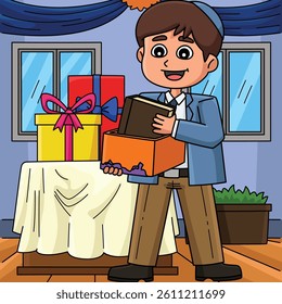Bar Mitzvah Boy Receiving Gifts Colored Cartoon 